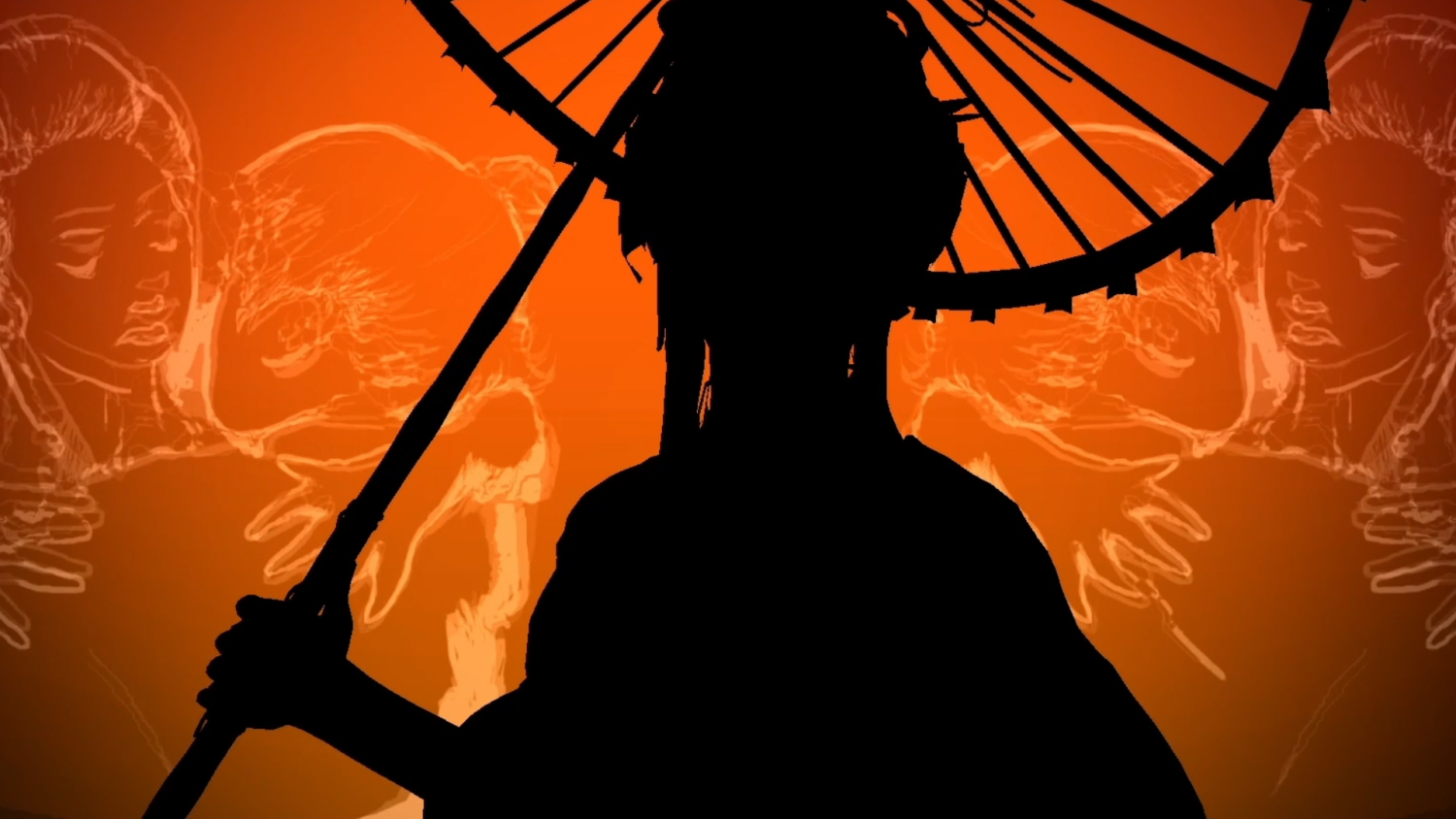 Naughty Ting music video, a dark silhouette with a parasol against orange graphics