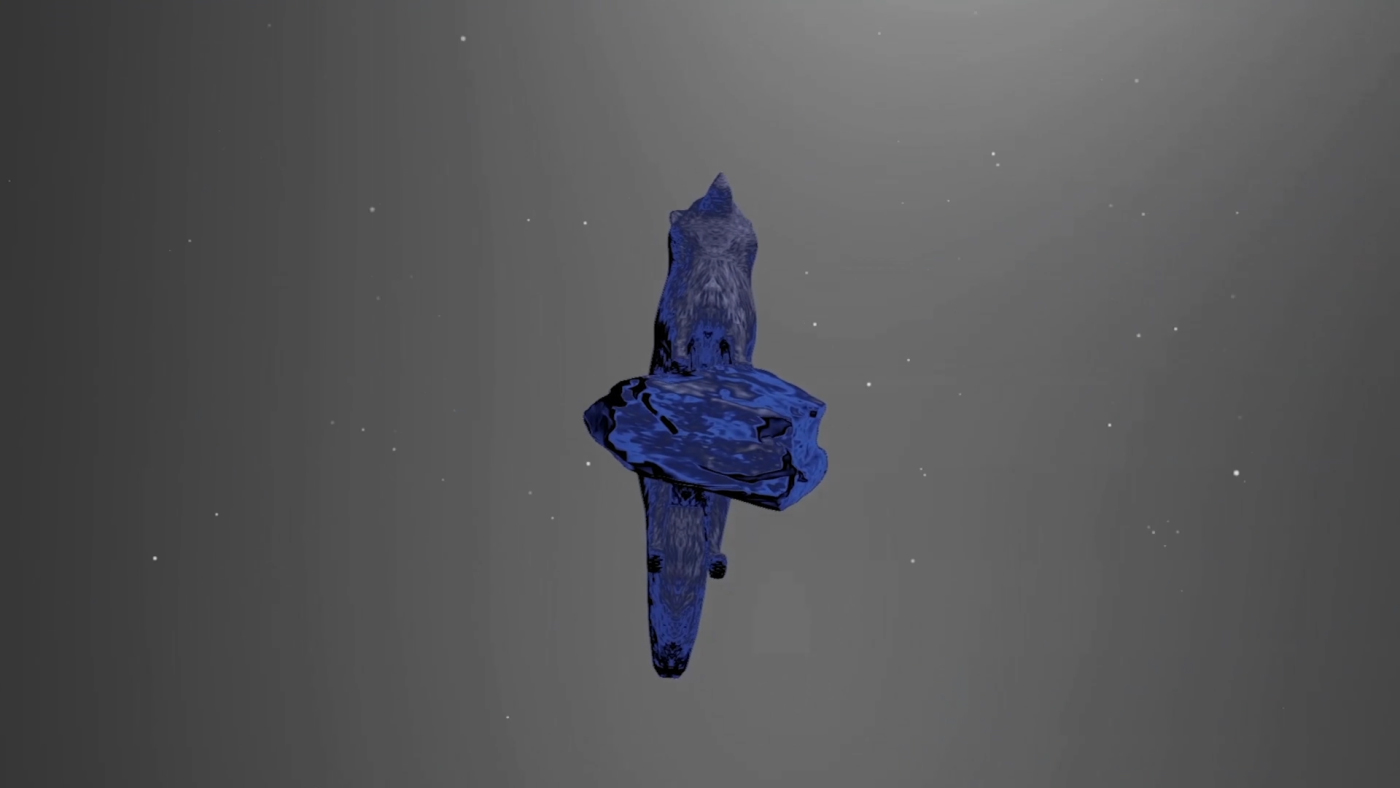 Ice Foxes by Substencia: an elongated blue sculptural form suspended against a grey background