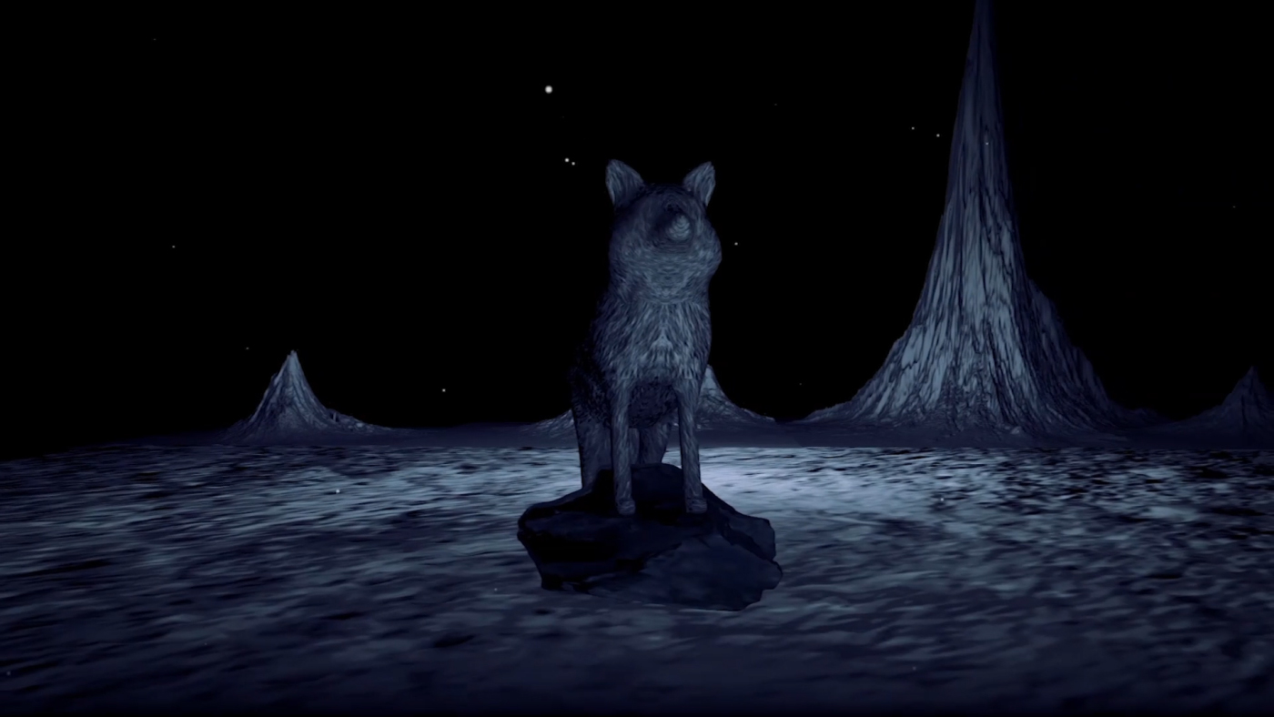 Ice Foxes by Substencia: a fox facing the viewer between tall formations in a dark blue landscape