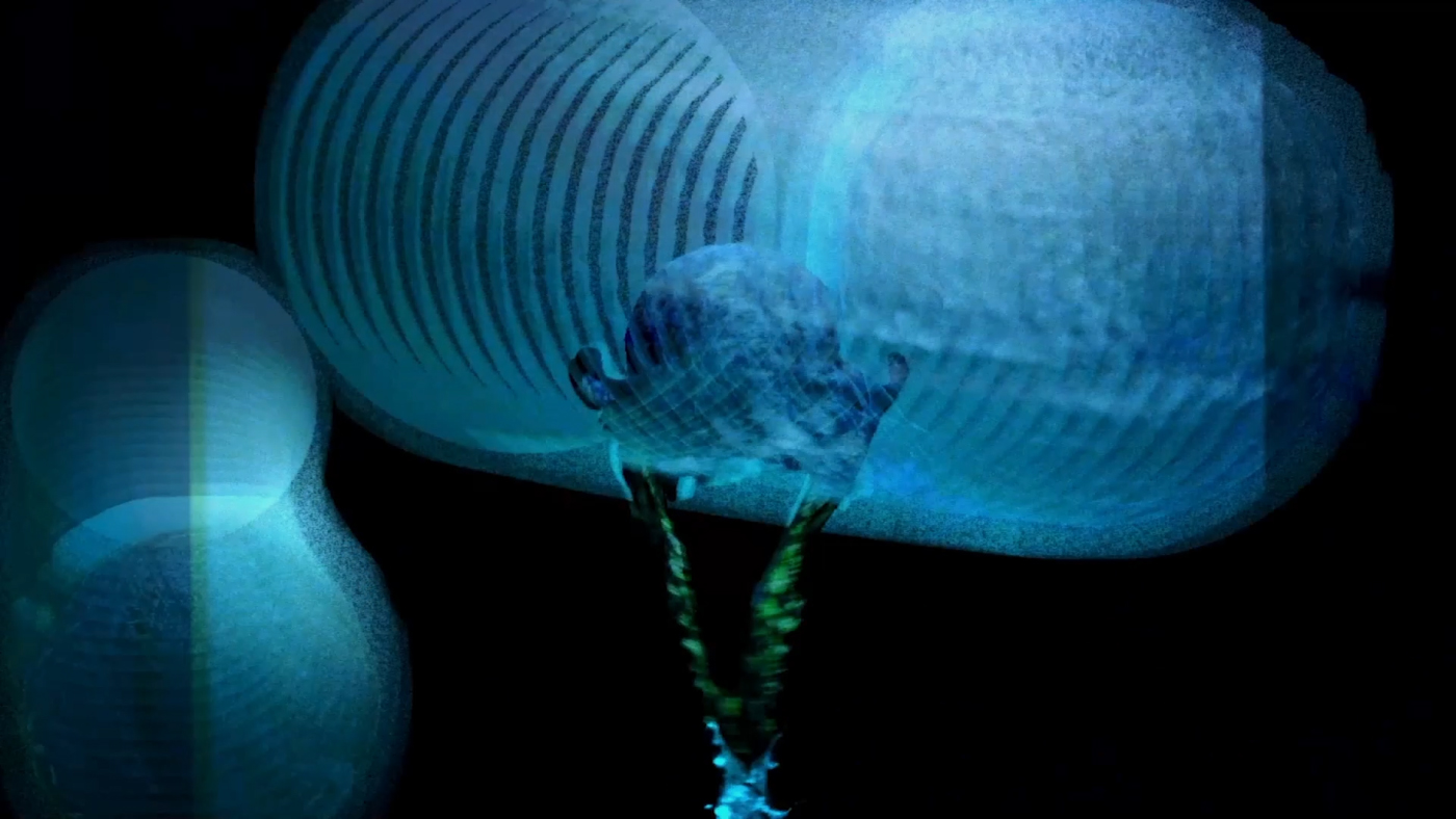 Ice Foxes by Substencia: overlapping translucent cyan forms creating a repeated motion pattern