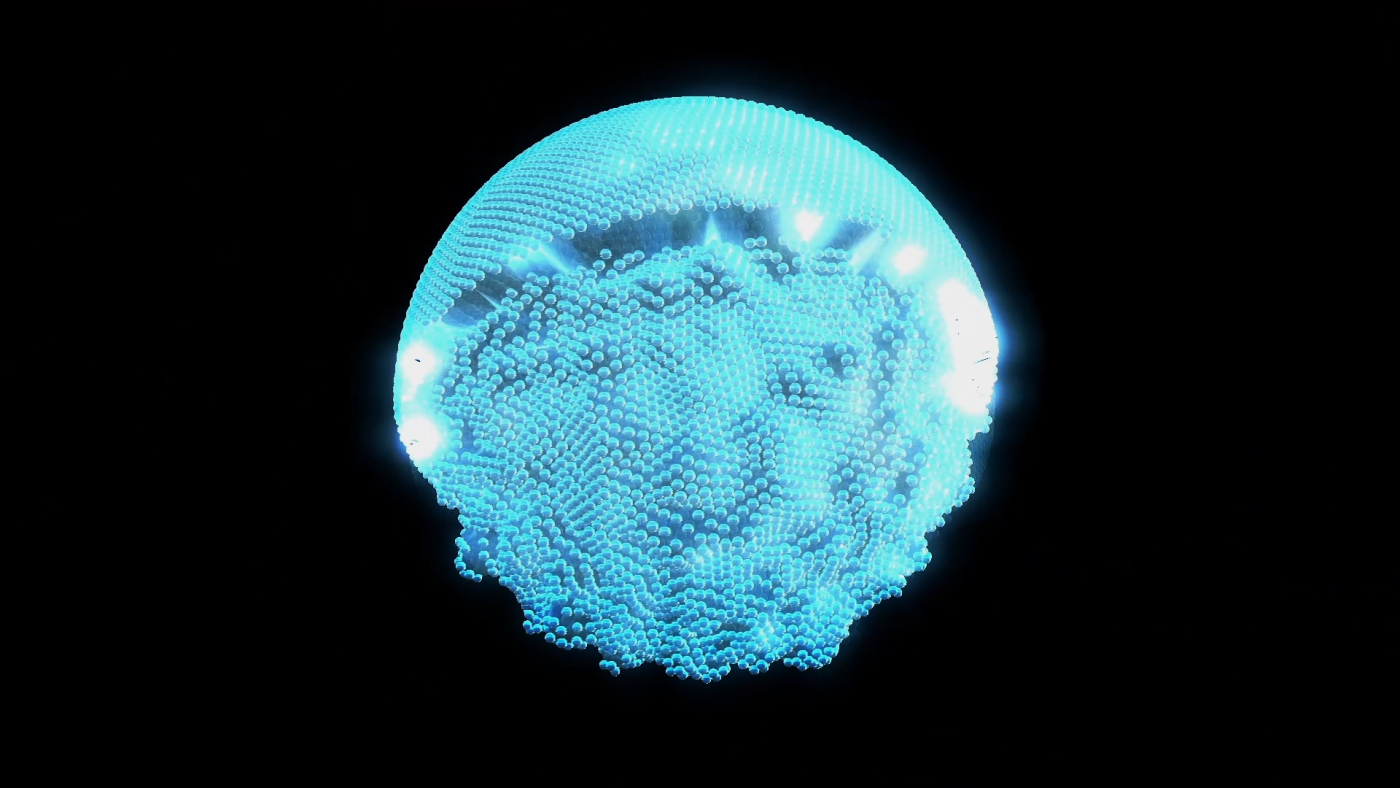 Ice Foxes by Substencia: a luminous cyan sphere formed from dense digital patterns against black
