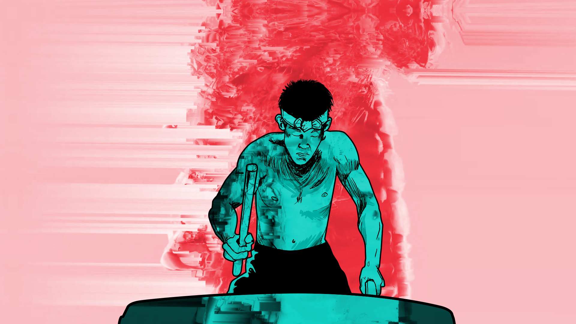 Naughty Ting music video, a turquoise illustrated warrior against a pink background