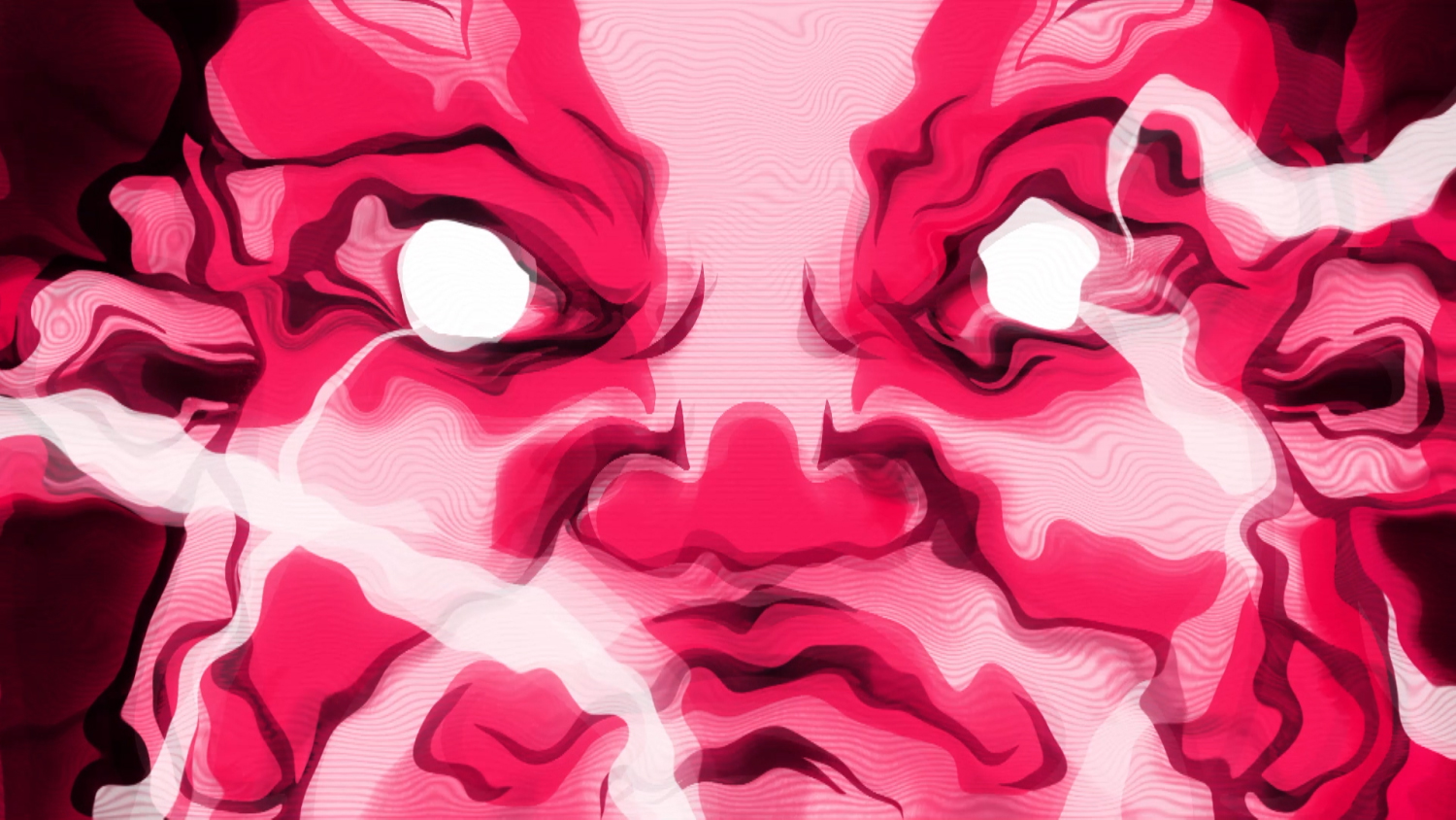 Naughty Ting music video, a pink and red mask with glowing white eyes