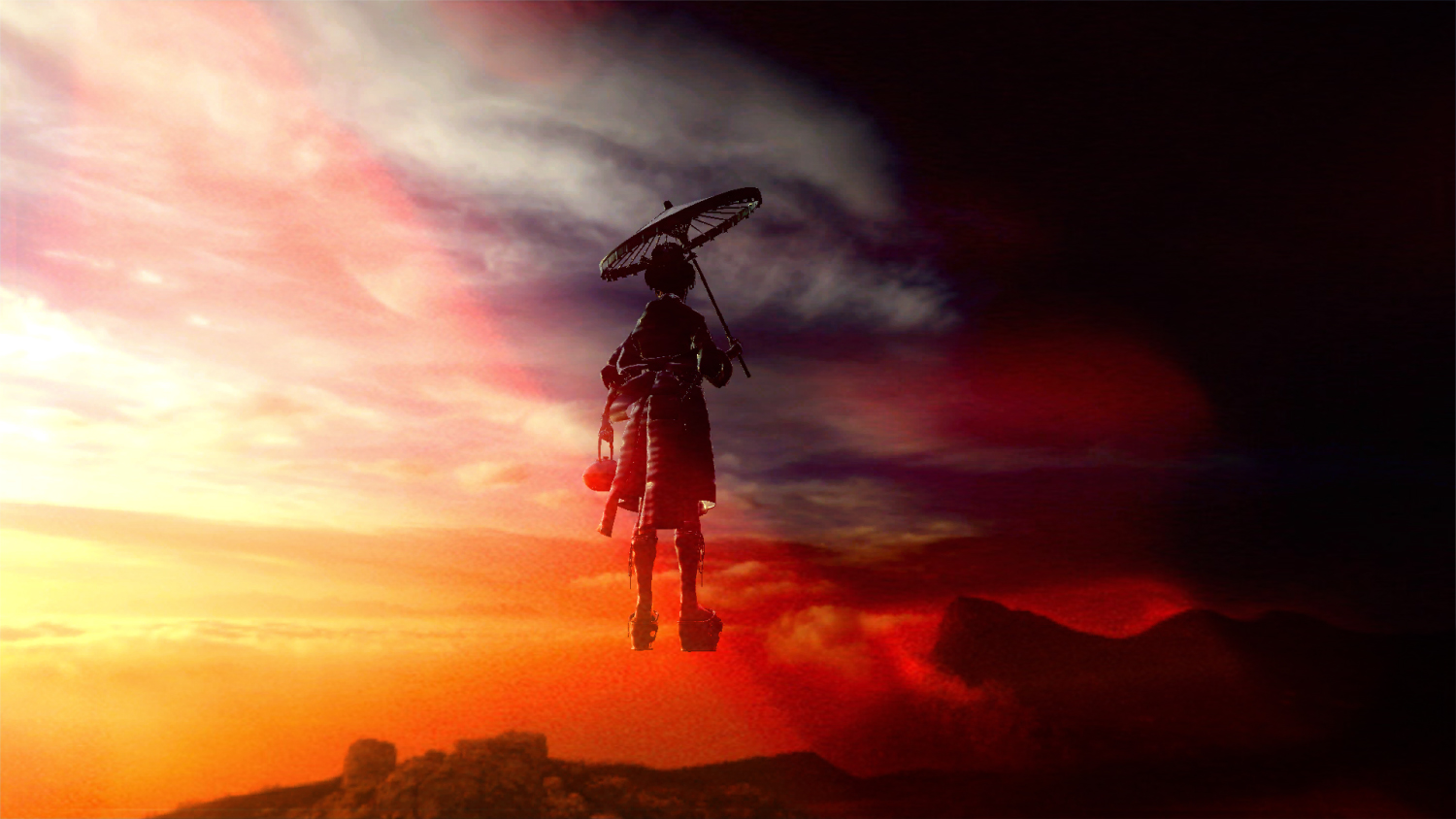 Naughty Ting music video, a floating figure against an orange sunset