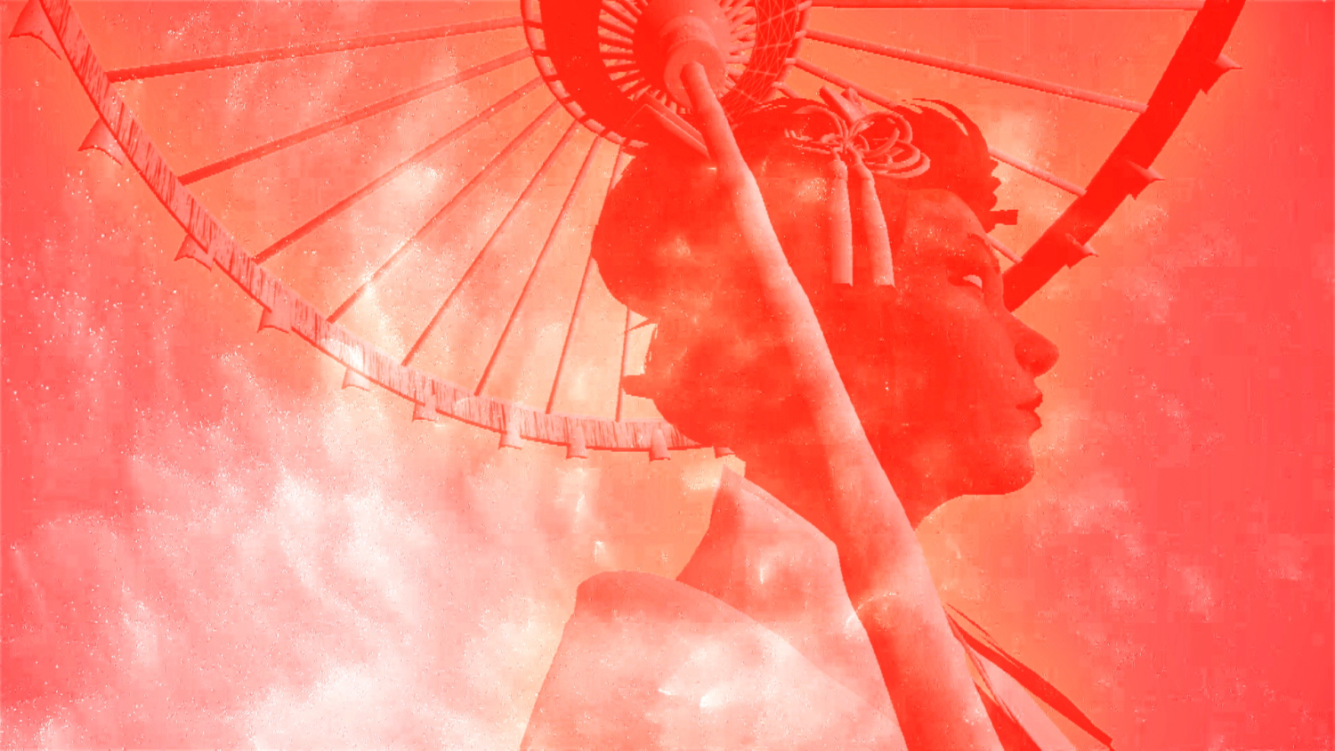 Naughty Ting music video, a portrait with a parasol in red light and smoke