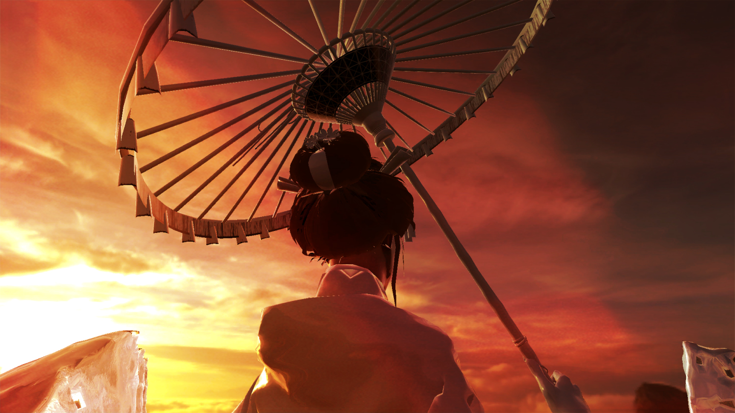 Naughty Ting music video, a figure with an ornate parasol in warm sunset light