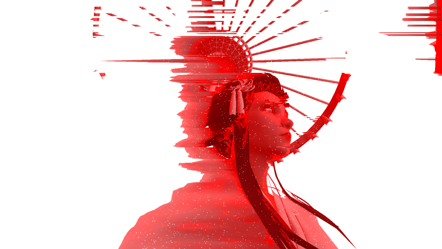 Naughty Ting music video, a red portrait disrupted by horizontal glitch effects
