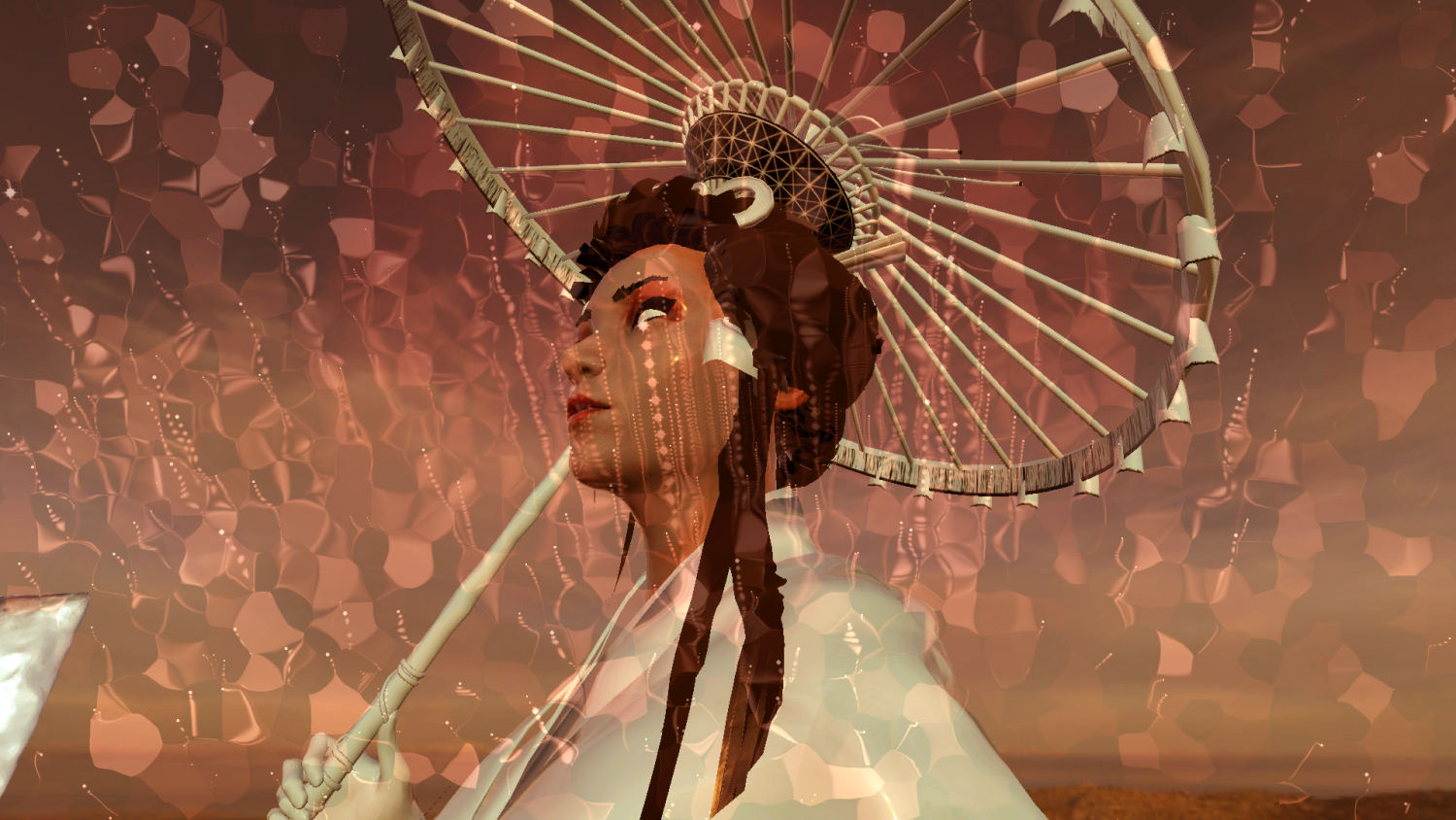 Naughty Ting music video, an ornate portrait with a parasol and layered textures