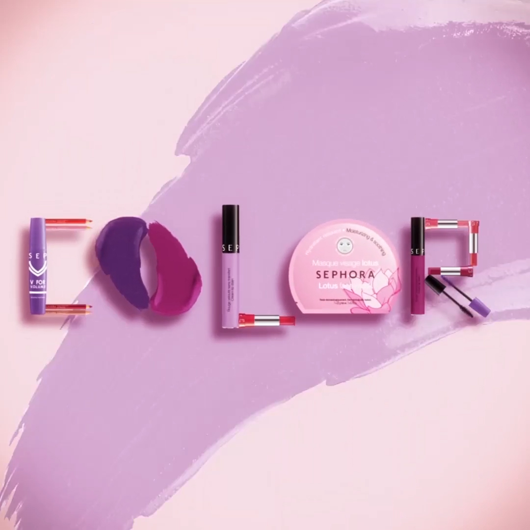 Sephora GIF Campaign, makeup products spelling Color on a pink and lilac background