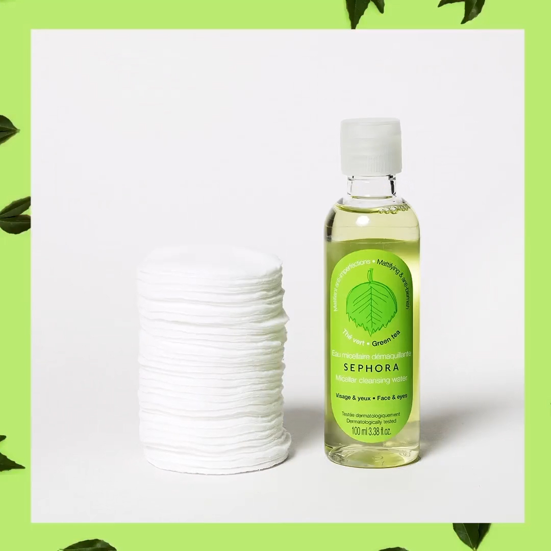 Sephora GIF Campaign, green tea micellar water and cotton pads