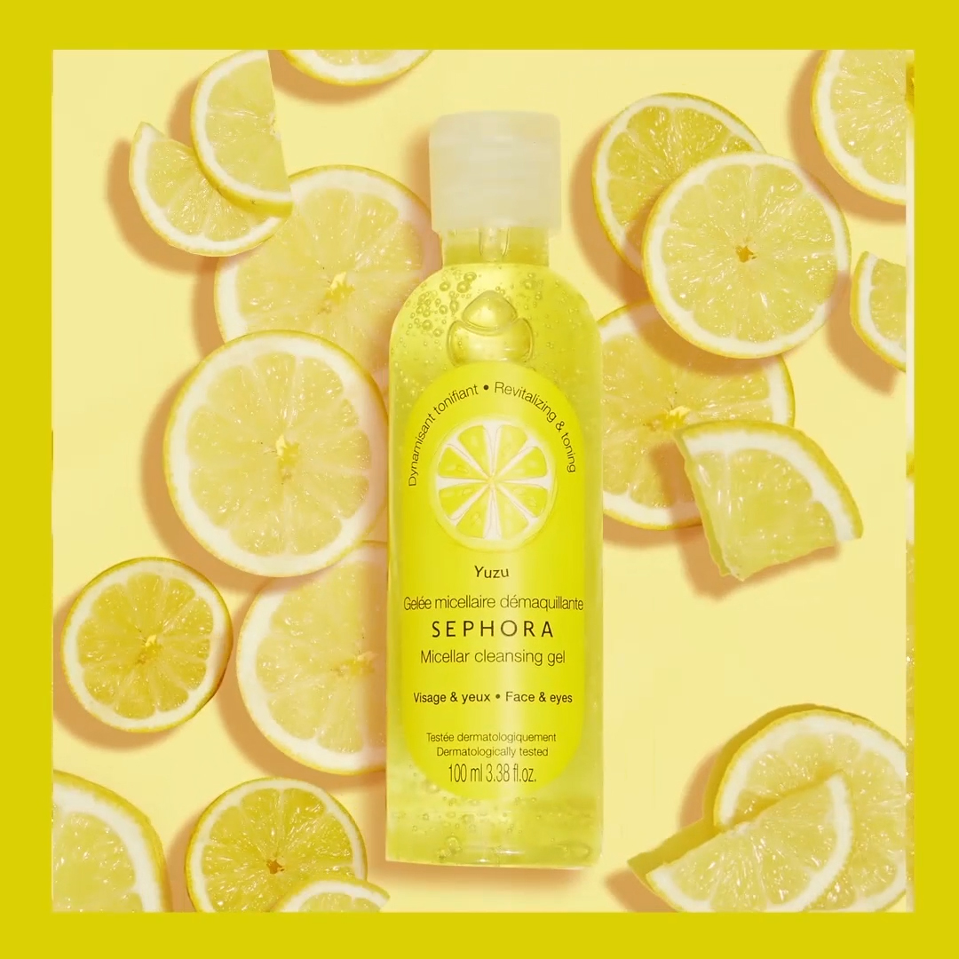 Sephora GIF Campaign, yuzu micellar cleansing gel surrounded by lemon slices
