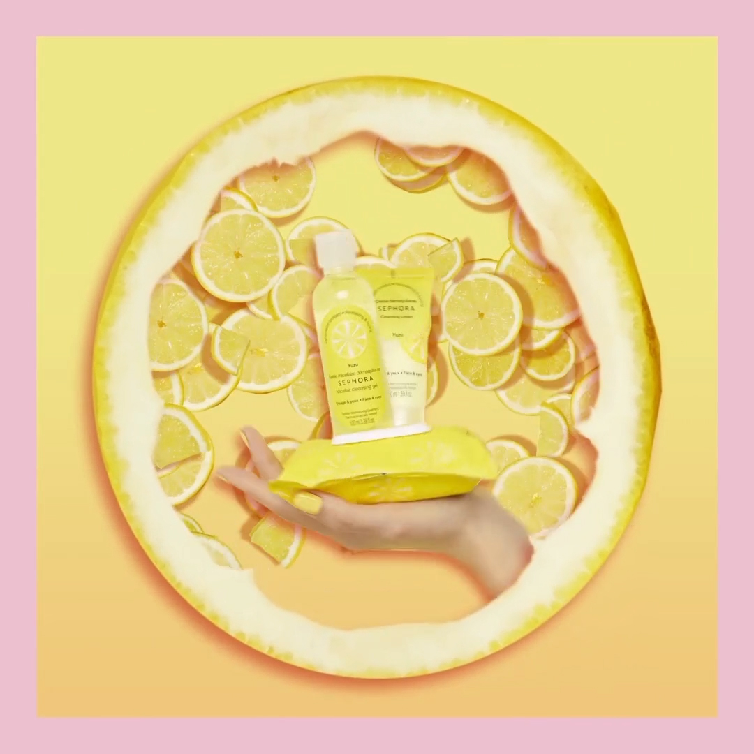 Sephora GIF Campaign, yuzu cleansing products framed by a citrus peel