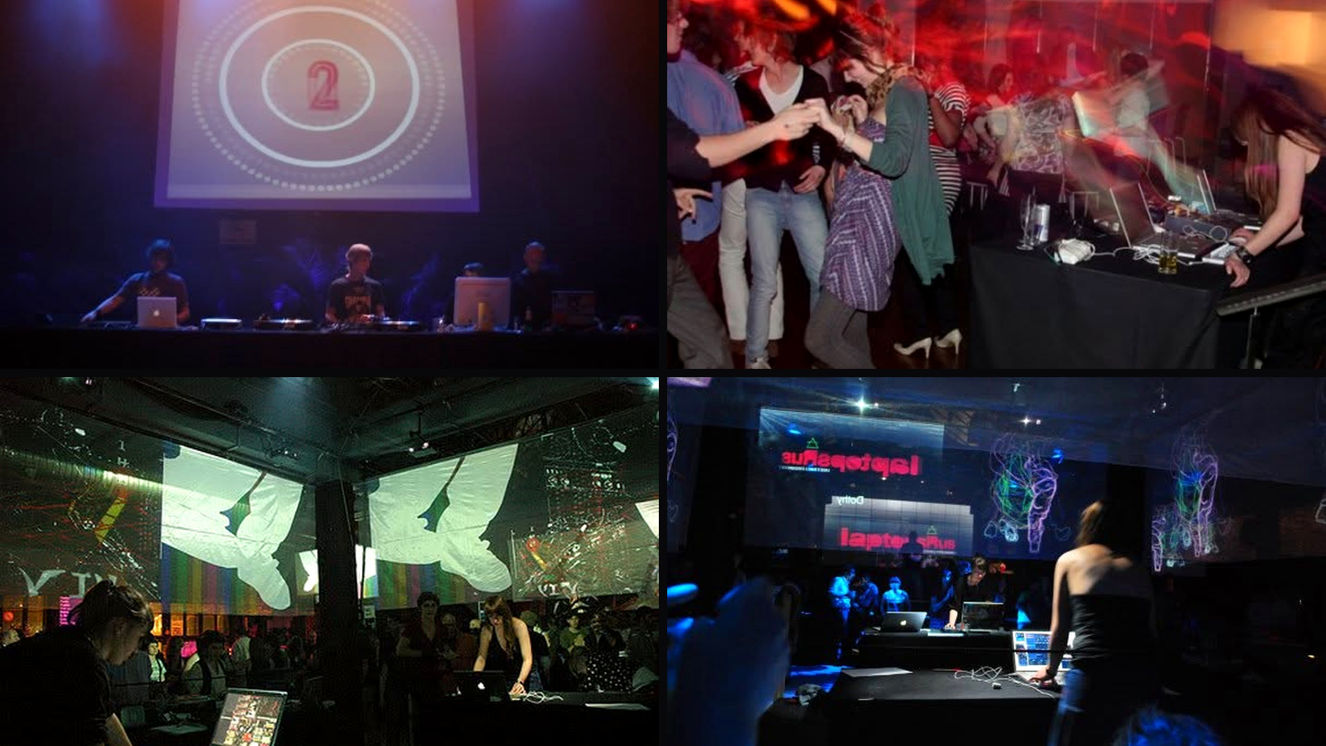 Selection of photos from VJ live gigs and events: stages, projections and live visuals