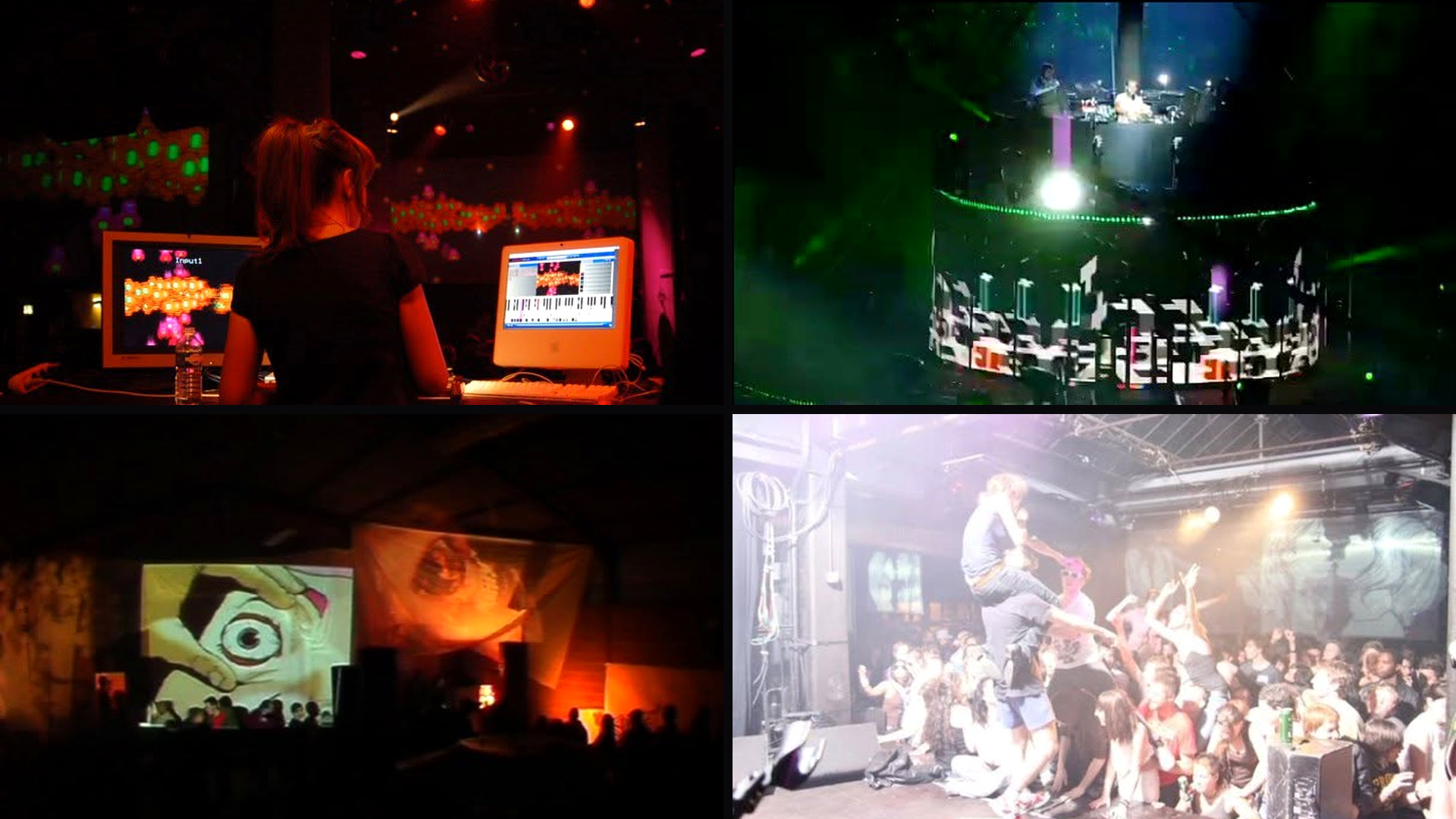 Selection of photos from VJ live gigs and events: stages, projections and live visuals