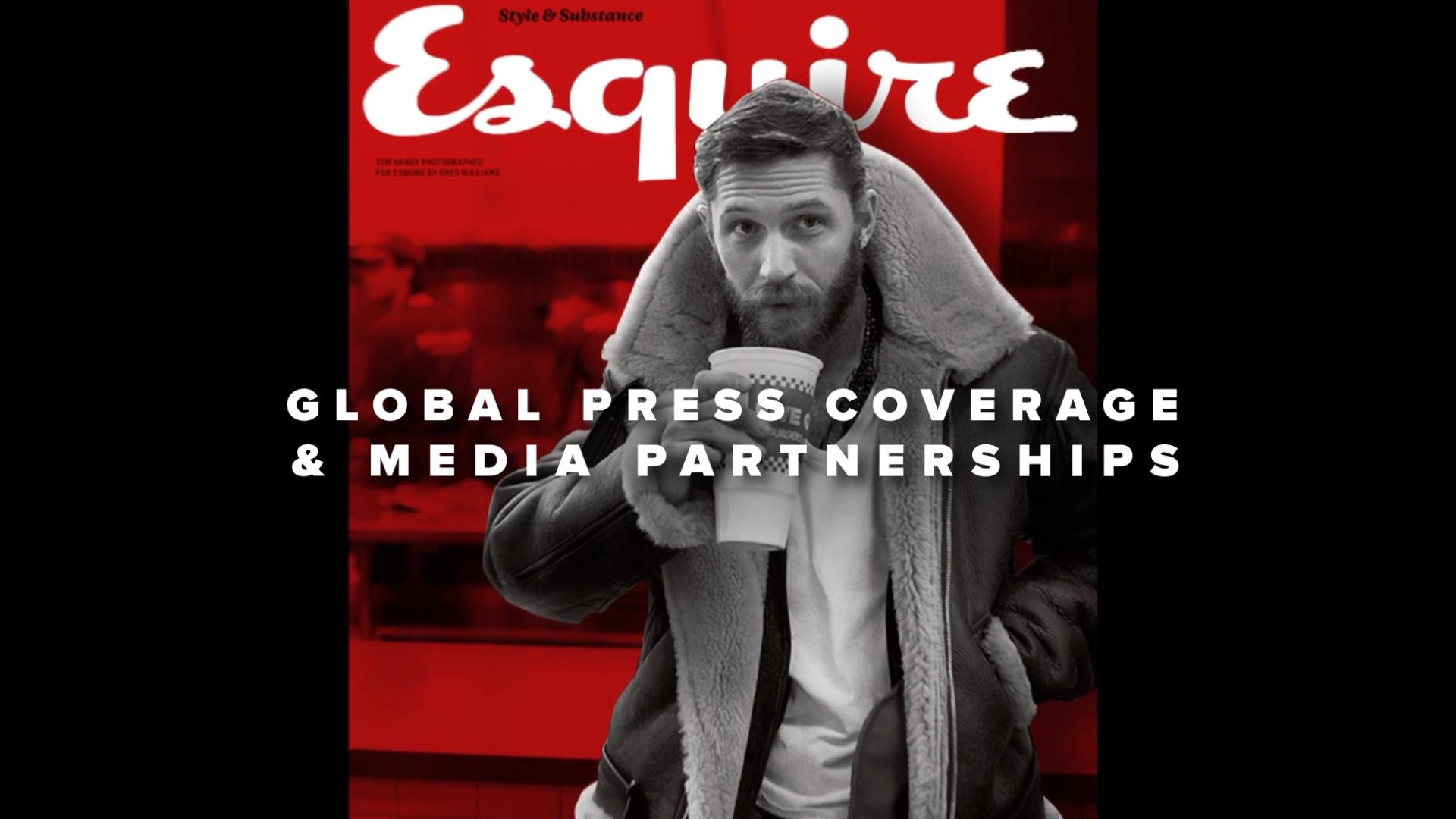 Esquire magazine cover with red and black graphics and typography presenting Cartier Santos press coverage and media partnerships
