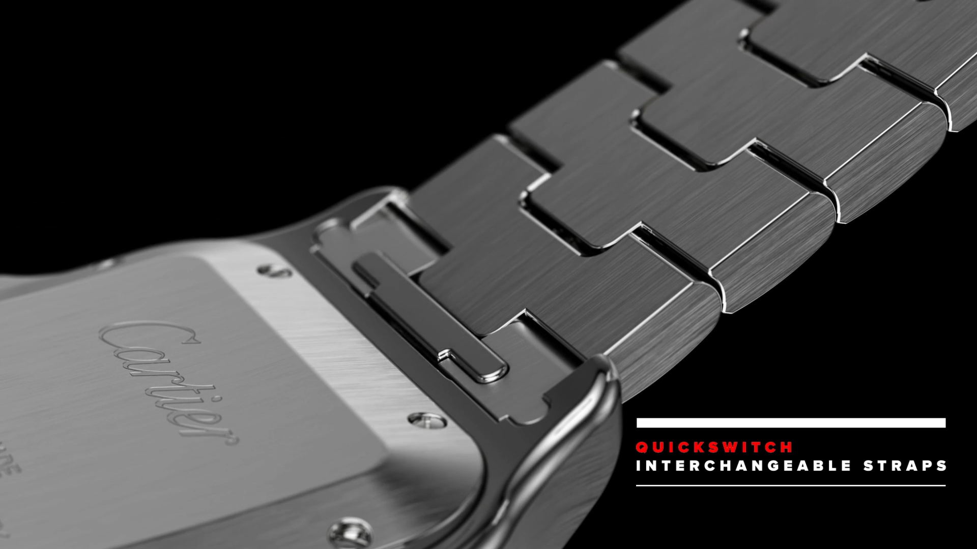 Close-up of the Cartier Santos metal bracelet and QuickSwitch interchangeable strap mechanism