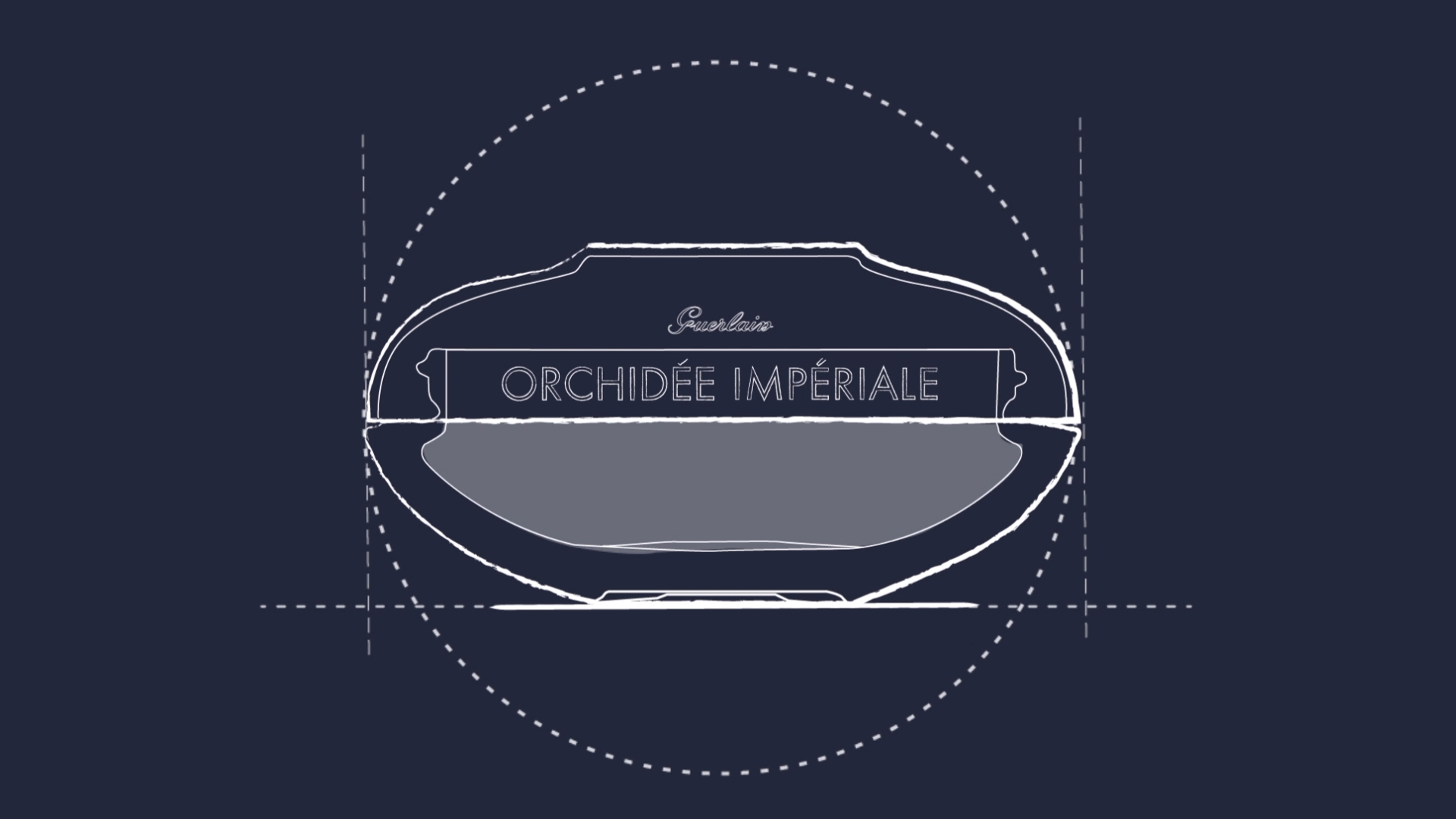 Technical line drawing of the Guerlain Orchidée Impériale jar with construction guides on a deep blue background