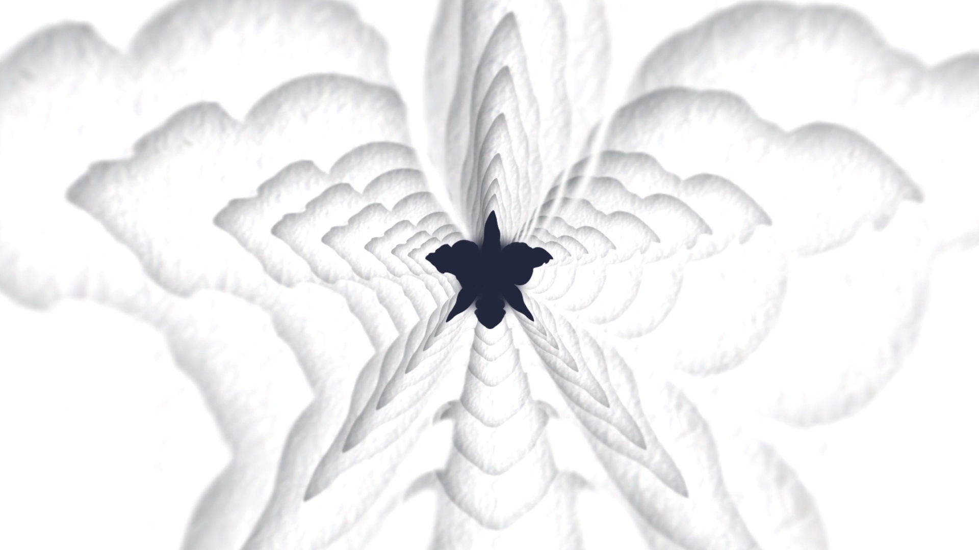 Layered white orchid shapes surrounding a dark floral silhouette in the Guerlain Orchidée Impériale film